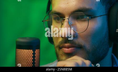 Close up Caucasian man businessman business male guy programmer hacker computer user gamer cyber working laptop web net crypto browsing playing game Stock Photo