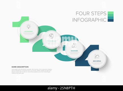 A four-step circular diagonal infographic displays numbers and icons, highlighting accountancy processes. With blue green colors, this infographic eff Stock Vector