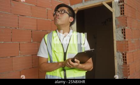 Young man inspecting a construction site holding a clipboard while wearing a reflective vest indoors Stock Photo