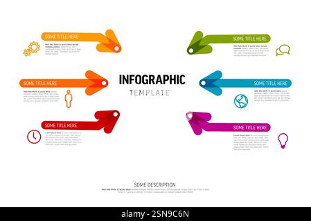 A vibrant infographic template featuring colorful arrows with text boxes. The layout includes six arrows pointing outward, each with a unique color an Stock Vector
