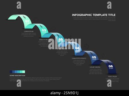 Green to blue ascending six step infographic template with placeholder text and icons. This infographic features distinct colors and icons for each st Stock Vector