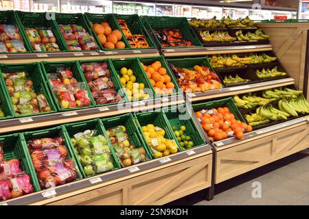 Fruit and veg on display in a supermarket Stock Photo