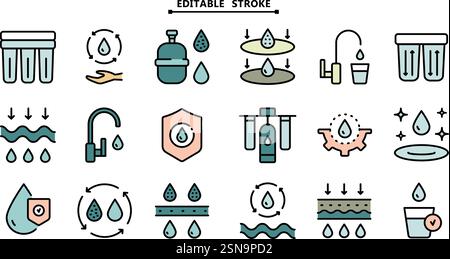 Simple Set of Water Related Vector Color Icons. Editable stroke. Water purification icon set. Wastewater treatment collection. Osmosis and desalinatio Stock Vector