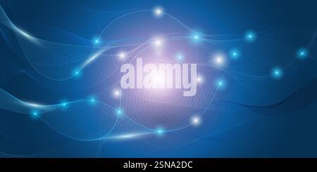 Abstract Purple and Blue Futuristic Modern Style Science, Networks and Telecommunications Concept Design, Glowing Nodes, Connections Structure with Tr Stock Vector