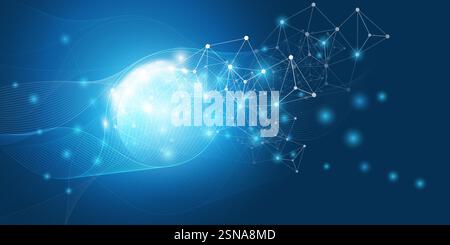 Abstract Dark Blue Futuristic Glowing Global Virtual Network Structure and Telecommunications Design Concept, Polygonal Connections with Transparent W Stock Vector