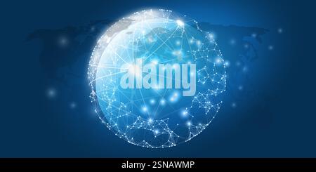 Abstract Dark Blue Futuristic Cloud Computing, Global Network Structure and Telecommunication Design Concept, World Map, Connections, Transparent Glob Stock Vector