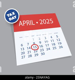 Tax Day Reminder Concept, Calendar Page with Clock - Vector Design  Element Template on gray Background - USA Tax Deadline, Due Date for IRS Federal I Stock Vector