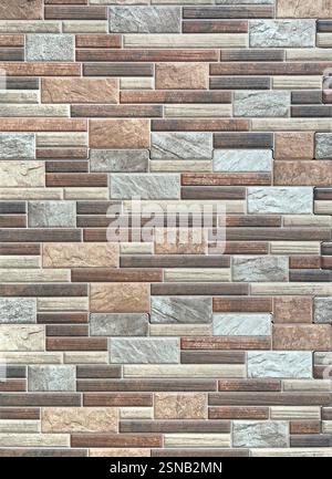 Close up of random colorful brick wall tiles stacked randomly. Red, orange, beige, brown, and white tiles stripes rectangular mosaic tiles. Seamless Stock Photo