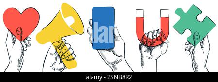 Human hand holding colorful loudspeaker, magnet, smartphone, heart, puzzle. Vector hand drawn sketch business illustration. Social media marketing, ad Stock Vector