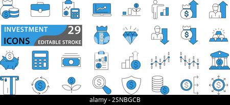 Investment icon set. Investment, Profit, Asset, Investor, Portfolio, Dividend icons. Vector illustration. editable stroke. Stock Vector