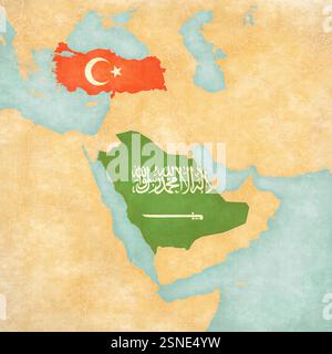 Saudi Arabia and Turkey on the map of Middle East (Western Asia