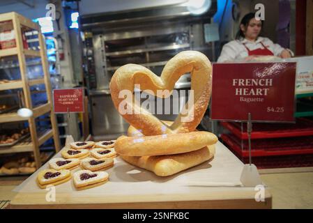 Vancouver, Canada. 13th Feb, 2025. Valentine's Day-themed bakery products are seen at a bakery shop in Vancouver, British Columbia, Canada, on Feb. 13, 2025. Credit: Liang Sen/Xinhua/Alamy Live News Stock Photo