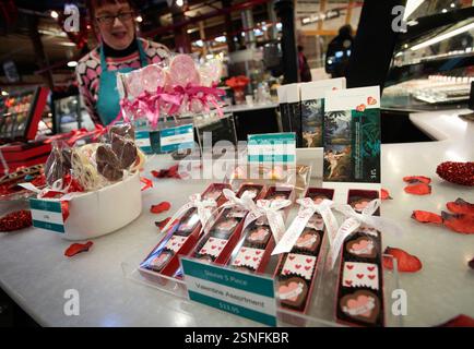 Vancouver, Canada. 13th Feb, 2025. Valentine's Day-themed chocolate products are seen at a shop in Vancouver, British Columbia, Canada, on Feb. 13, 2025. Credit: Liang Sen/Xinhua/Alamy Live News Stock Photo