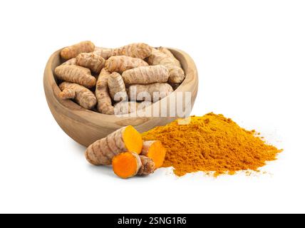 Turmeric powder and fresh root isolated on white Stock Photo