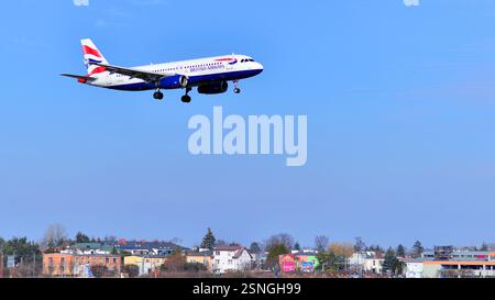 Warsaw ,Poland. 9 February 2025. Plane G-EUUL - Airbus A320-232 - British Airways just before landing at the Chopin airport. Stock Photo