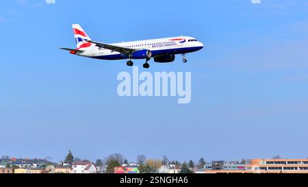 Warsaw ,Poland. 9 February 2025. Plane G-EUUL - Airbus A320-232 - British Airways just before landing at the Chopin airport. Stock Photo