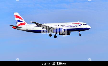 Warsaw ,Poland. 9 February 2025. Plane G-EUUL - Airbus A320-232 - British Airways just before landing at the Chopin airport. Stock Photo
