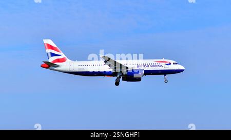 Warsaw ,Poland. 9 February 2025. Plane G-EUUL - Airbus A320-232 - British Airways just before landing at the Chopin airport. Stock Photo