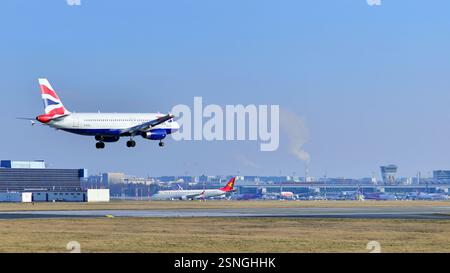 Warsaw ,Poland. 9 February 2025. Plane G-EUUL - Airbus A320-232 - British Airways just before landing at the Chopin airport. Stock Photo
