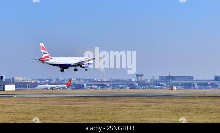 Warsaw ,Poland. 9 February 2025. Plane G-EUUL - Airbus A320-232 - British Airways just before landing at the Chopin airport. Stock Photo