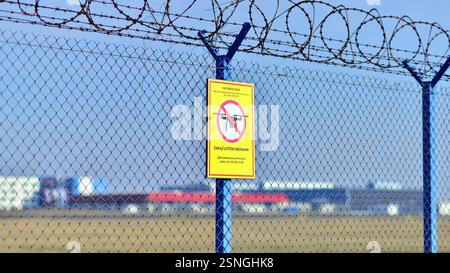 Warsaw ,Poland. 9 February 2025. No drone zone. No drone flying at perimeter fence netting of Chopin airport airspace. Stock Photo