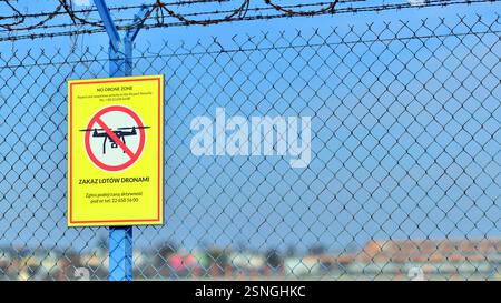 Warsaw ,Poland. 9 February 2025. No drone zone. No drone flying at perimeter fence netting of Chopin airport airspace. Stock Photo