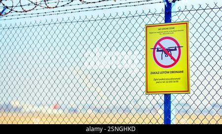 Warsaw ,Poland. 9 February 2025. No drone zone. No drone flying at perimeter fence netting of Chopin airport airspace. Stock Photo