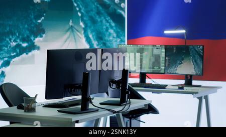 Empty russian army command center with a big screen showing the ...
