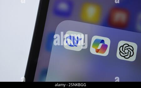 A close up of an iPad screen displaying the Deepseek, Copilot and ChatGPT app icon Stock Photo