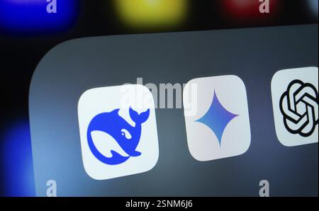 A close up of an iPad screen displaying the Deepseek, ChatGPT and Google Gemini app icon Stock Photo