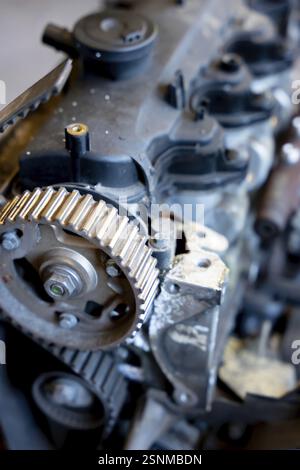 Dirty Car Engine with Sunlight, closeup in Switzerland Stock Photo