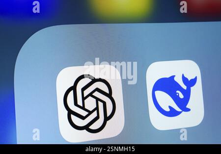A close up of an iPad screen displaying the Deepseek and ChatGPT app icon Stock Photo