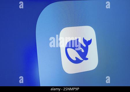 A close up of an iPad screen displaying the deepseek app icon Stock Photo