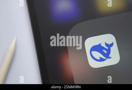 A close up of an iPad screen displaying the deepseek app icon Stock Photo