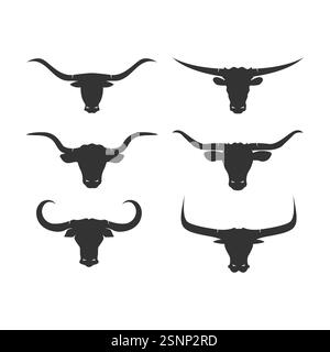 Bull head icon set. Bullhead silhouette long horn vector template Stock Vector