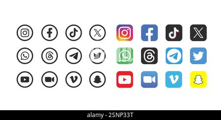 Malang, Indonesia - January 18, 2024. Collection of popular social media logo. Facebook, instagram, X, twitter, linkedin, youtube, tiktok, vimeo, snap Stock Vector