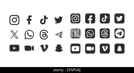 Collection of popular social media logo. Facebook, instagram, X, twitter, linkedin, youtube, tiktok, vimeo, snap Stock Vector