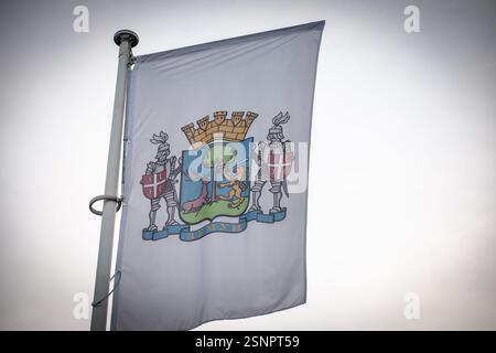 The flag and coat of arms of the Municipality of Zemun (opstina zemun) are displayed prominently. Zemun is a municipality of Belgrade, Serbia. Stock Photo