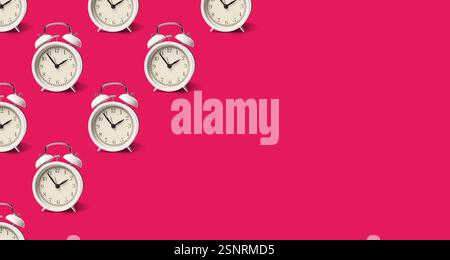 White alarm clocks on crimson background, pattern. Banner design with space for text Stock Photo
