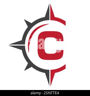Initial Letter C Ship Logo Concept With Compass Symbol Vector Template Stock Vector