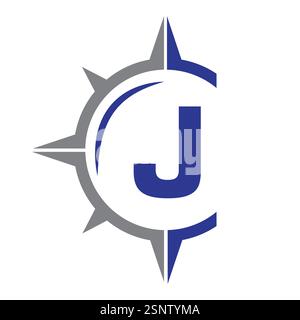 Initial Letter J Ship Logo Concept With Compass Symbol Vector Template Stock Vector