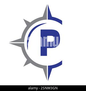 Initial Letter P Ship Logo Concept With Compass Symbol Vector Template Stock Vector