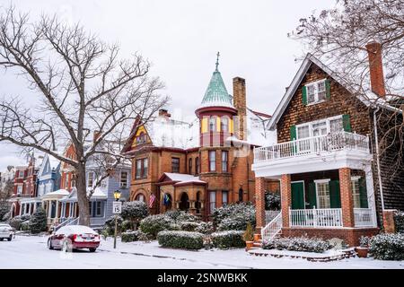 Norfolk Virginia - January 22 2025: A Row of Historic Homes After A Winter Snow Storm in Norfolk Virginia Covered in Snow and Ice. Stock Photo
