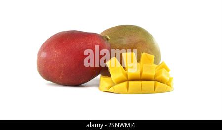 Whole and diced yellow mango fruits presented on a clean white background, showcasing their ripe and vibrant tropical appearance Stock Photo