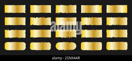 Jagged Rectangle shapes. Set of golden grunge geometric frames. Ripped and cutout paper torn strip. Vector illustration isolated on black background Stock Vector