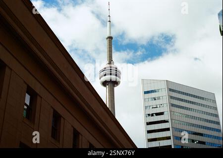 CN Tower viewed from Union Station at dusk in Toronto Ontario, Canada ...