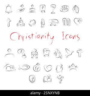 Christian religion line icon set illustration vector hand drawn with black lines isolated on white background Stock Vector