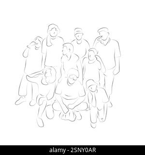 black lines of nine people together in teamwork illustration vector hand drawn with black lines isolated on white background Stock Vector