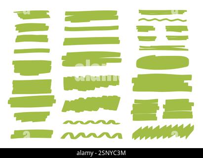 Hand-drawn Green Highlighter Mark, and Shapes. Vector Set for Notes, Highlights, and Designs Stock Vector