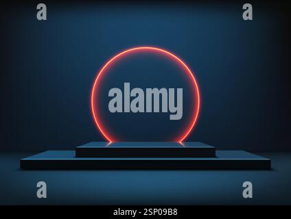 modern minimalist 3d showcase featuring a luminous red neon ring floating above a dark blue pedestal, perfect for technology concepts, product display Stock Vector